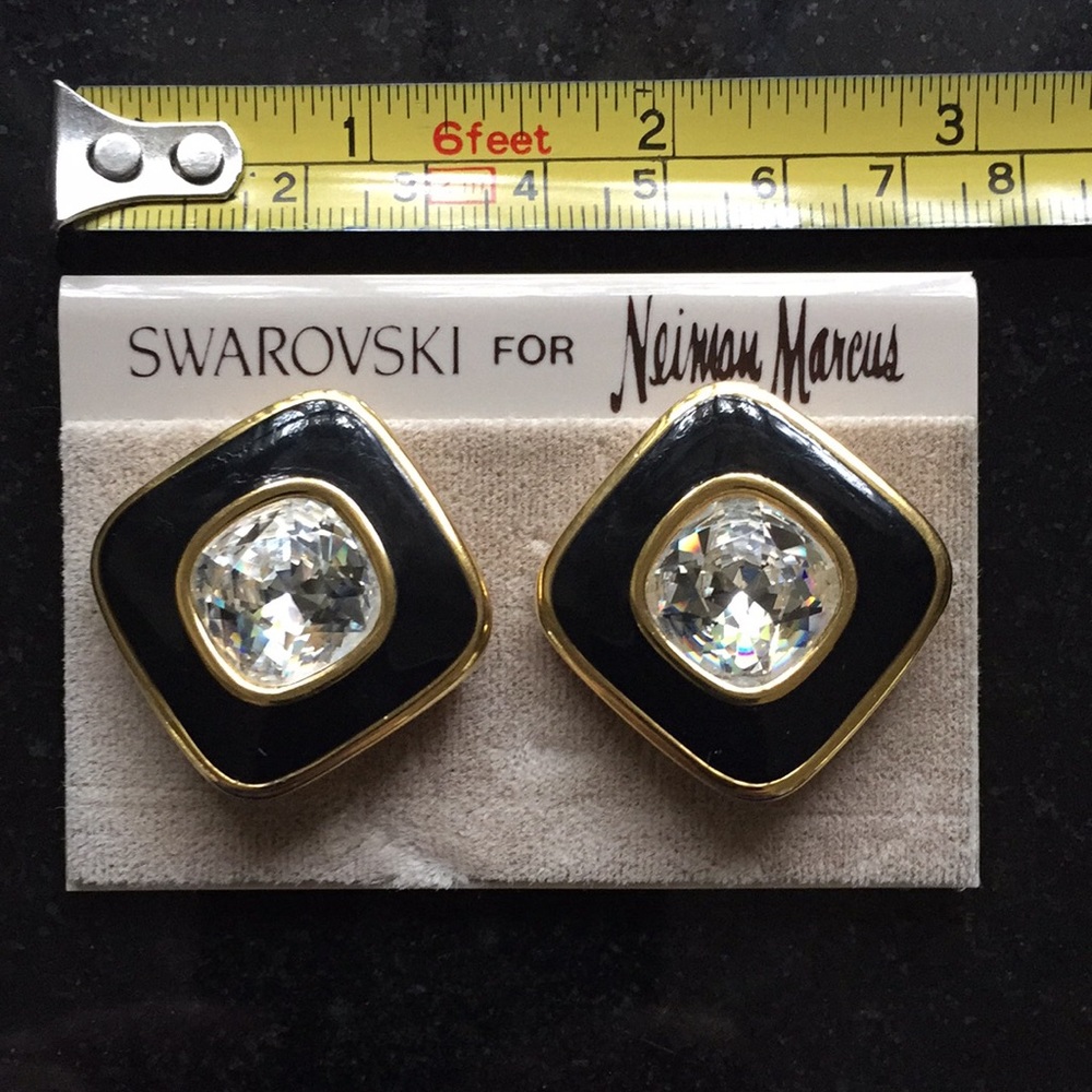 Vintage Swarovski black enamel and crystal clip earrings
